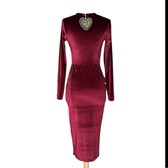 CLUB L Burgundy Velvet MIDI Dress Plunging Neck Faux Wrap US Size 8 - Picture 8 of 16